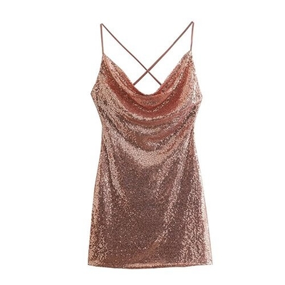 Sexy Sleeveless Temperament Sequins Polyester Skirt V Neck Skirt Dress