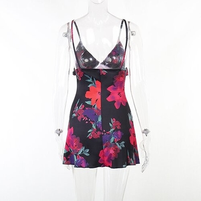 OEM European and American leisure polyrster sleeveless short skirt sexy V -neck rose printed ruffled camisole dress