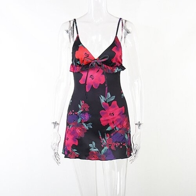 OEM European and American leisure polyrster sleeveless short skirt sexy V -neck rose printed ruffled camisole dress