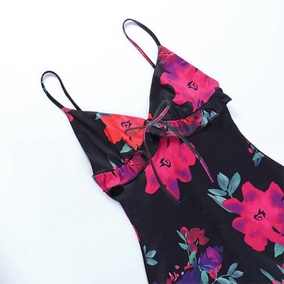 OEM European and American leisure polyrster sleeveless short skirt sexy V -neck rose printed ruffled camisole dress