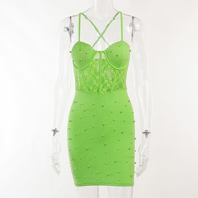 OEM Spicy girl slim hip skirt design sleeveless short polyester fashion lace beam waist stitching camisole dress