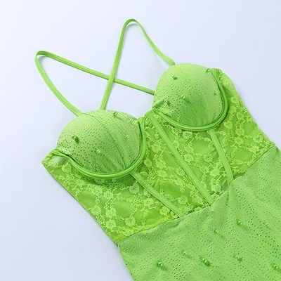 OEM Spicy girl slim hip skirt design sleeveless short polyester fashion lace beam waist stitching camisole dress