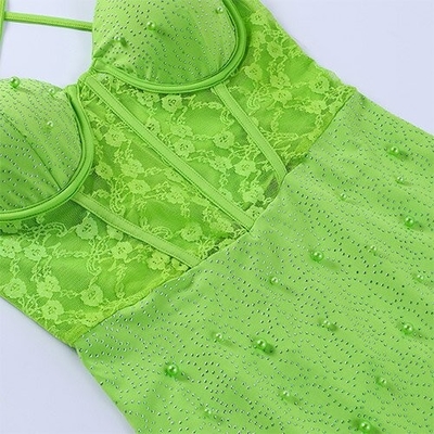 OEM Spicy girl slim hip skirt design sleeveless short polyester fashion lace beam waist stitching camisole dress