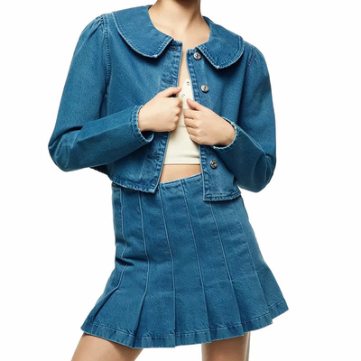 Single Breasted Sweet Dark Blue Short Denim Jacket With Turn Down Collar