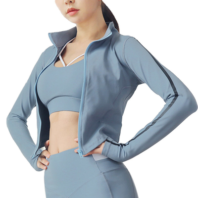 Spandex Nylon Stand Collar Full Zip Yoga Jacket Haze Blue Pink Women Sportswear