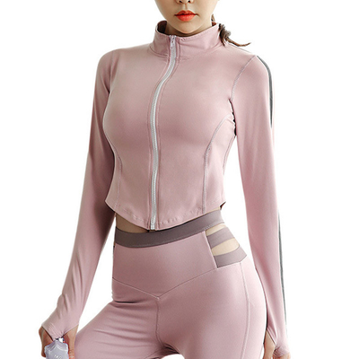 Spandex Nylon Stand Collar Full Zip Yoga Jacket Haze Blue Pink Women Sportswear