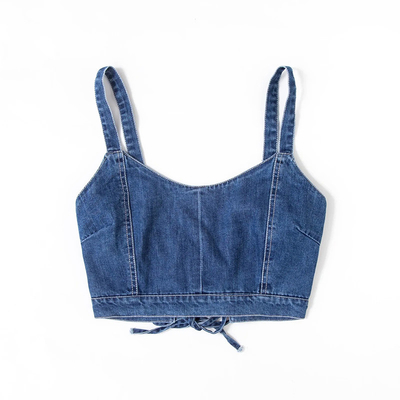Euramerican Fashionable Cross Bind Cropped Denim Vest Unlined Denim Suspender Top