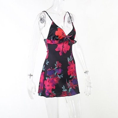 OEM European and American leisure polyrster sleeveless short skirt sexy V -neck rose printed ruffled camisole dress