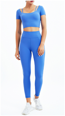 Oem Factory Manufacturer Custom Logo Women Gym Fitness Training Clothes Blue Seamless 2 Piece Yoga Set