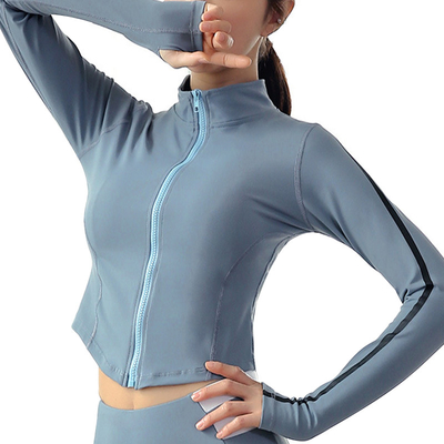 Spandex Nylon Stand Collar Full Zip Yoga Jacket Haze Blue Pink Women Sportswear